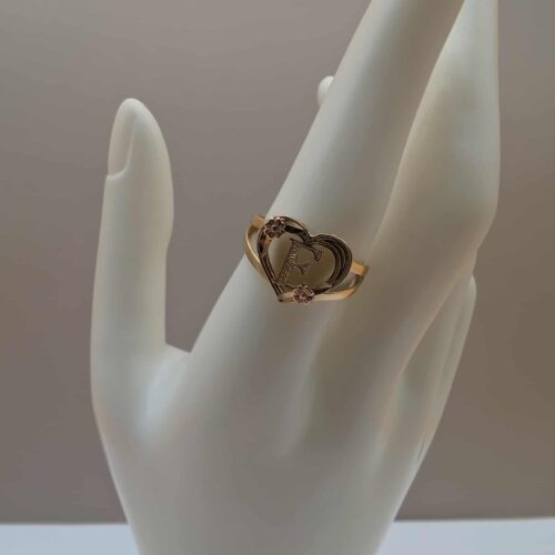 ANILLO EN 2 OROS DE LETRA E EN CORAZON